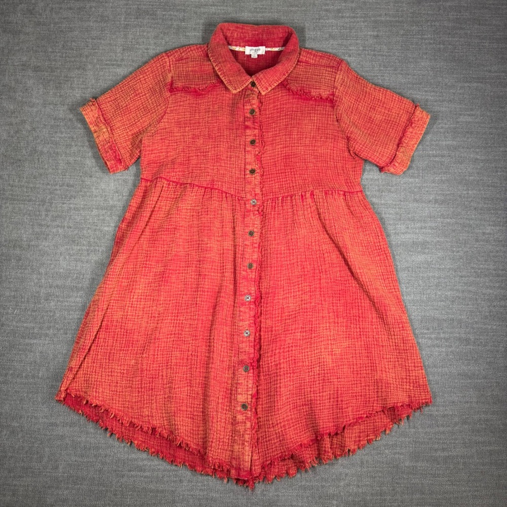 Umgee Womens Red Orange Textured Cotton Gauze Frayed Babydoll Dress Large Boho